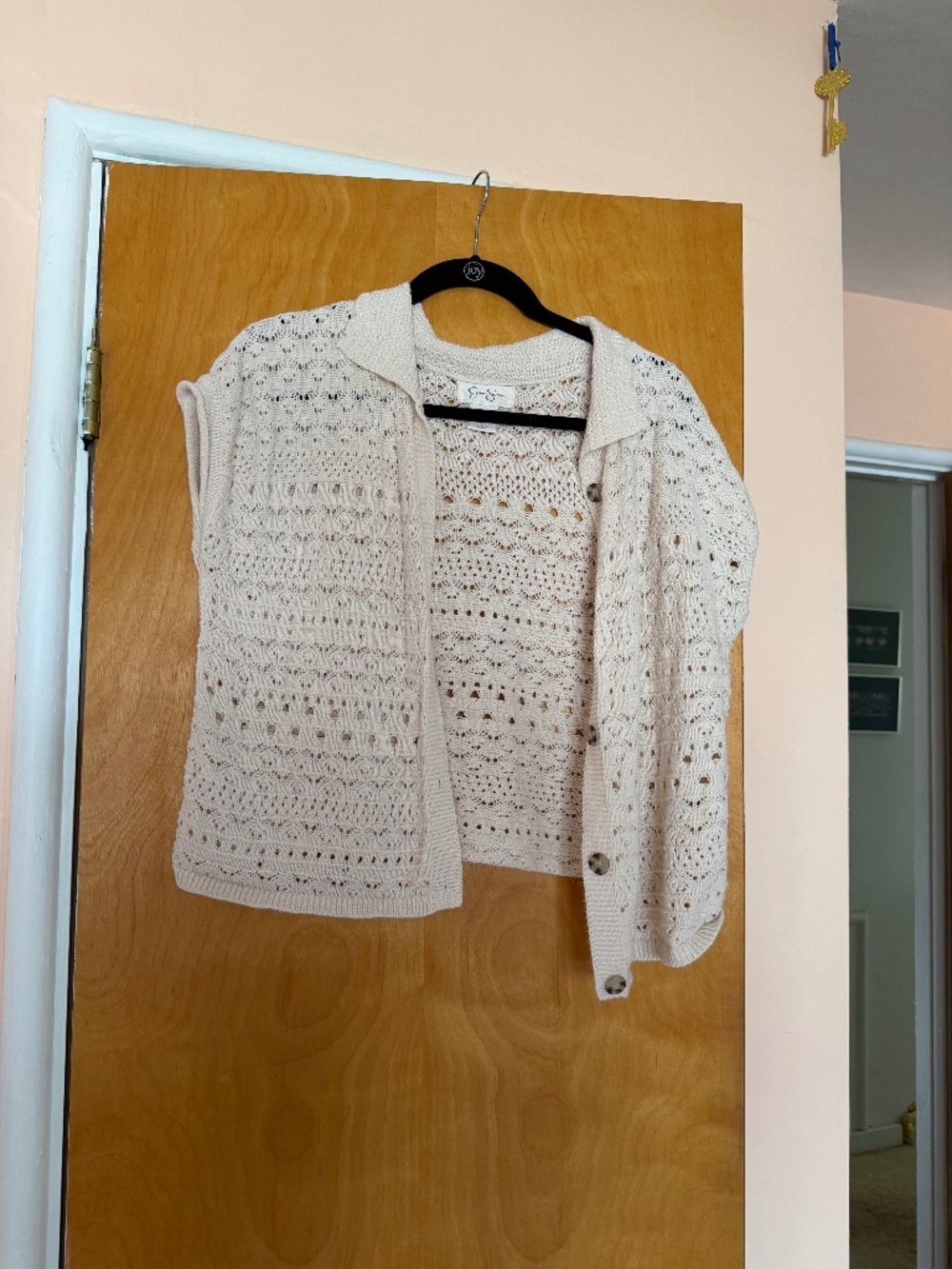 Cream Short Sleeve Button Down Knit Blouse, Jessica Simpson, Size L